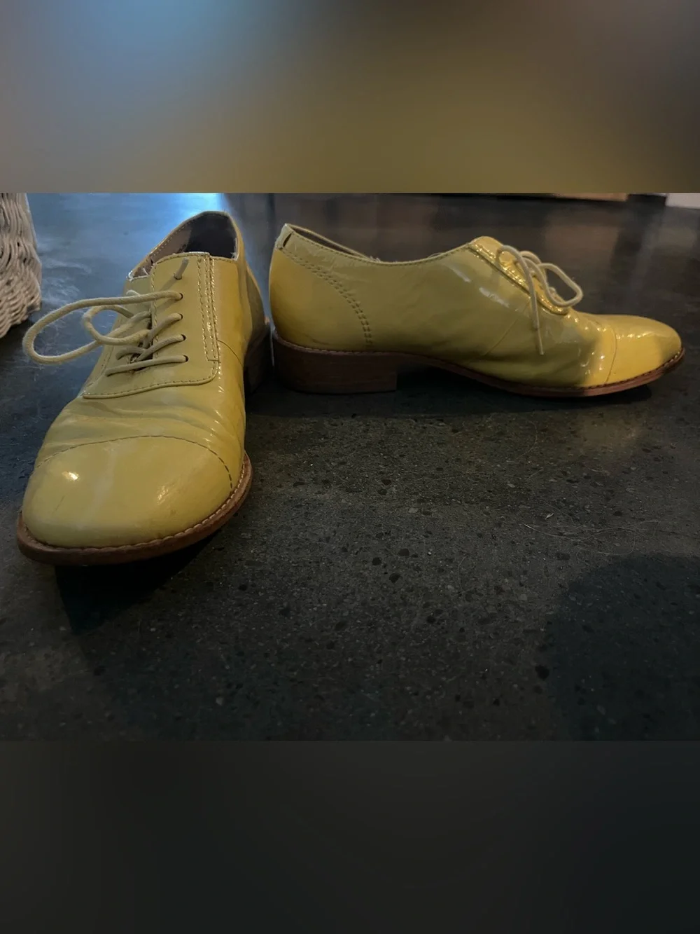 yellow oxfords with wooden heel